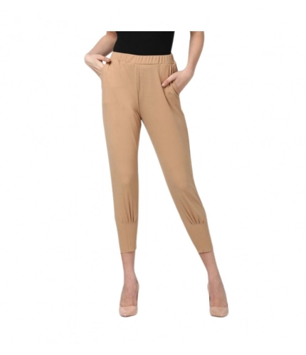 Generic Women's Polyester Solid Elasticated Trousers (Beige)