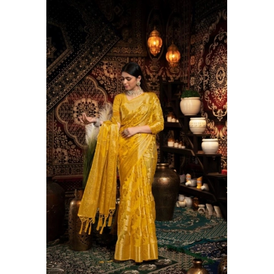 Generic Women's Organza Woven Saree With Unstitched Blouse 5.5Mtr (Yellow)