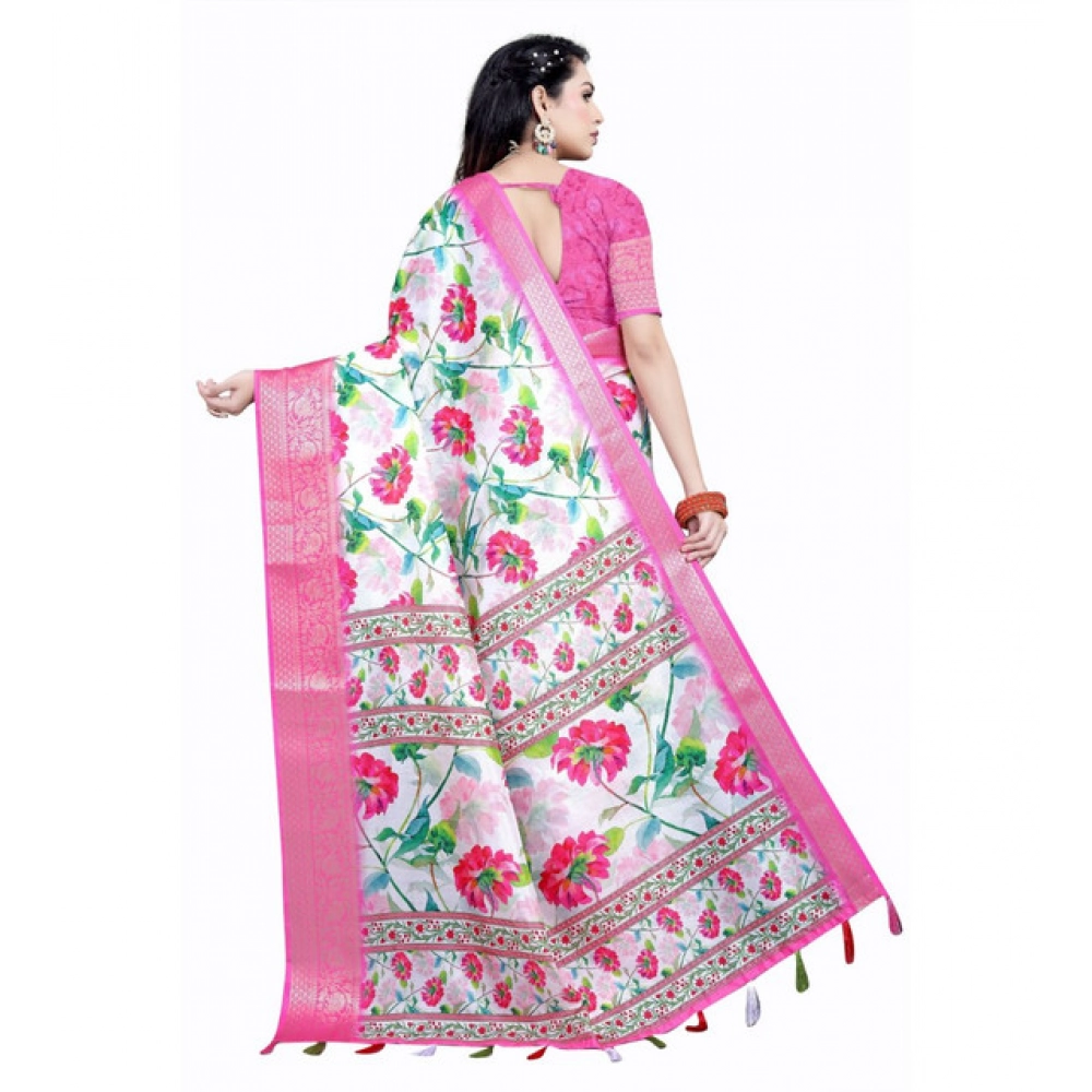 Women's Cotton Silk Floral Printed Saree With Unstitched Blouse 5.5Mtr (Pink-White)
