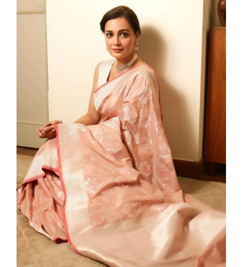 Generic Women's Litchi silk Printed Saree With Unstitched Blouse (Peach)