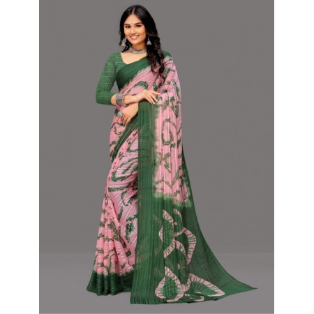 Generic Women's Georgette Striped Printed Saree With Unstitched Blouse 5.5Mtr (Pink-Green)