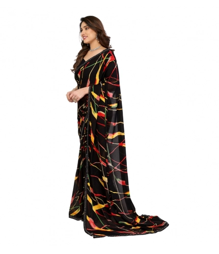 Generic Women's Georgette Printed Saree With Unstitched Blouse 5.5Mtr (Black)
