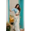 Generic Women's Linen Printed Saree With Unstitched Blouse 5.5Mtr (White)
