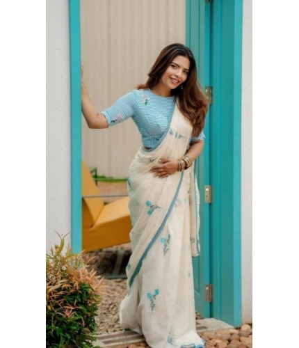 Generic Women's Linen Printed Saree With Unstitched Blouse 5.5Mtr (White)