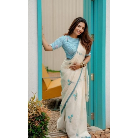 Generic Women's Linen Printed Saree With Unstitched Blouse 5.5Mtr (White)