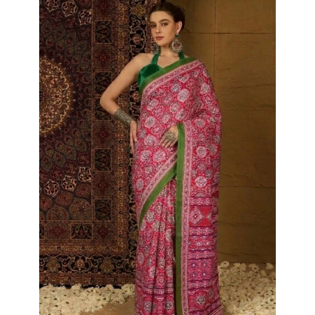 Generic Women's Crepe Printed Saree With Unstitched Blouse 5.5Mtr (Pink)