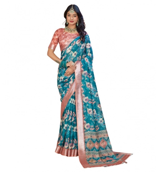 Generic Women's Printed Cotton Linen Saree withPrinted  Saree With Unstitched Blouse (Peacook Green, 5-6Mtrs)