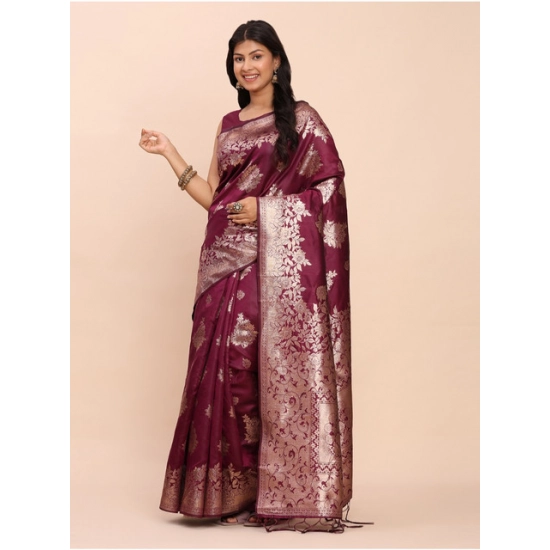 Generic Women's Banarasi Silk Printed Saree With Unstitched Blouse 5.5Mtr (Purple)