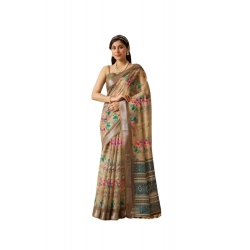 Generic Women's Faux_Linen Printed Saree With Unstitched Blouse 5.5Mtr (Beige)