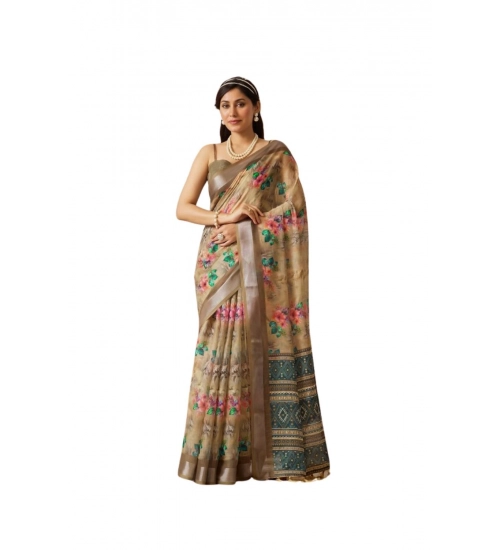 Generic Women's Faux_Linen Printed Saree With Unstitched Blouse 5.5Mtr (Beige)