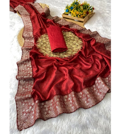 Generic Women's Silk Embroidred Saree With Unstitched Blouse 5.5Mtr (Red)