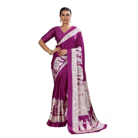 Women's Satin Crepe Printed Saree With Unstitched Blouse 5.5Mtr (Purple)