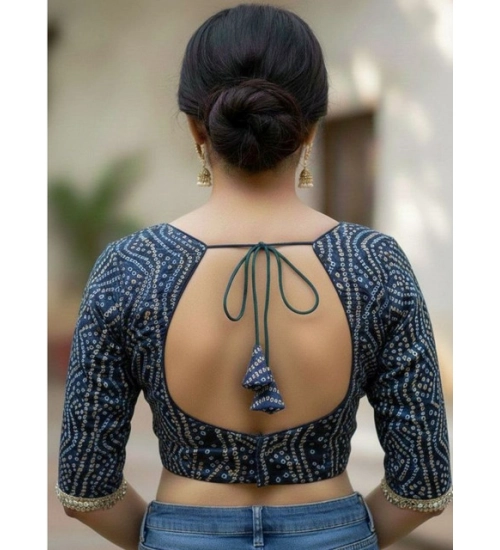 Generic Women's Rayon Sabyasachi Style Round Neck Padded Blouse (Blue, 38 Ready Size (Self-Alterable 36–40)