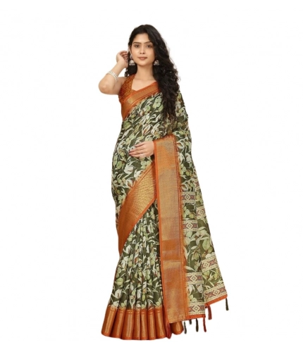 Generic Women's Cotton Silk Floral Printed Saree With Unstitched Blouse 5.5Mtr (Multicolor)