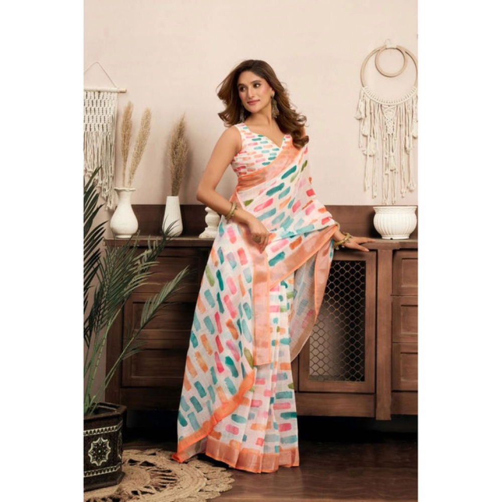 Generic Women's Linen Cotton Printed Ready To Wear With Pocket Saree With Unstitched Blouse 5.5 Mtr (Multicolor)