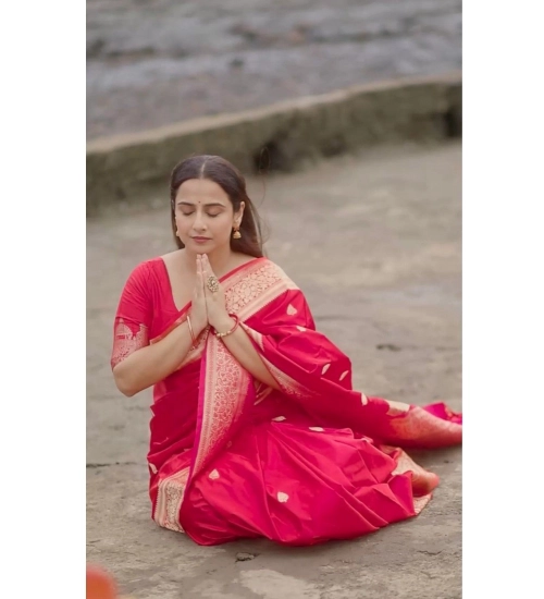 Generic Women's Soft Litchi Silk Jacquard Work Saree With Unstitched Blouse 5.5Mtr (Pink)