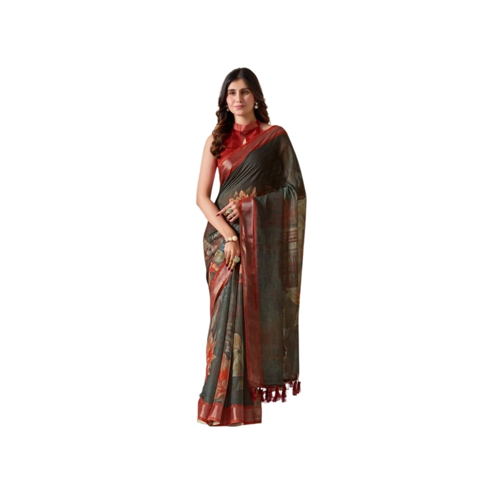 Generic Women's Faux_Linen Printed Saree With Unstitched Blouse 5.5Mtr (Dark_Green)