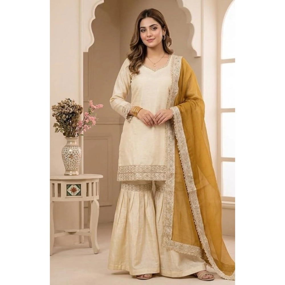 Generic Women's Silk Embroidered 3/4th Sleeve V-Neck Kurti With Sharara Pant and Dupatta Set (Cream & Yellow) Generic Women's Silk Embroidered 3/4th Sleeve V-Neck Kurti With Sharara Pant and Dupatta Set (Cream & Yellow)