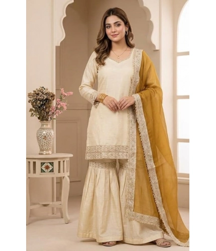 Generic Women's Silk Embroidered 3/4th Sleeve V-Neck Kurti With Sharara Pant and Dupatta Set (Cream &amp; Yellow)