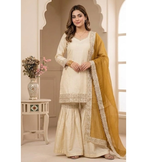 Generic Women's Silk Embroidered 3/4th Sleeve V-Neck Kurti With Sharara Pant and Dupatta Set (Cream & Yellow) Generic Women's Silk Embroidered 3/4th Sleeve V-Neck Kurti With Sharara Pant and Dupatta Set (Cream & Yellow)