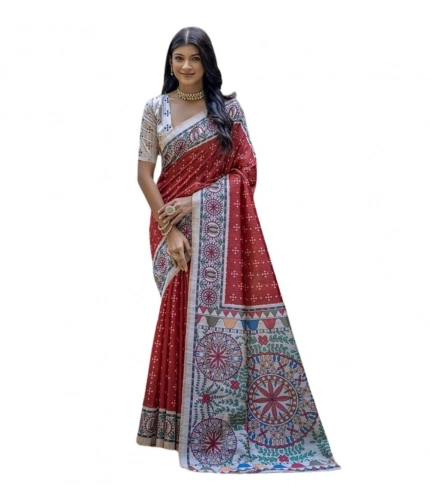 Generic Women's Faux_Tussar Geometric_Print Saree With Unstitched Blouse 5.5Mtr (Red)