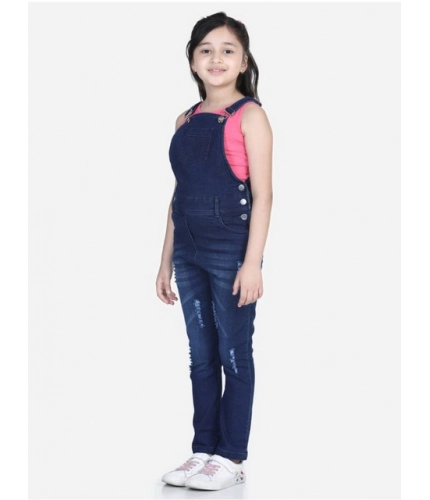 Generic Girl's Denim Distressed Buttoned Dungaree (Blue)