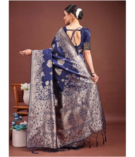 Generic Women's Banarasi Silk Printed Saree With Unstitched Blouse 5.5Mtr (Navy Blue)