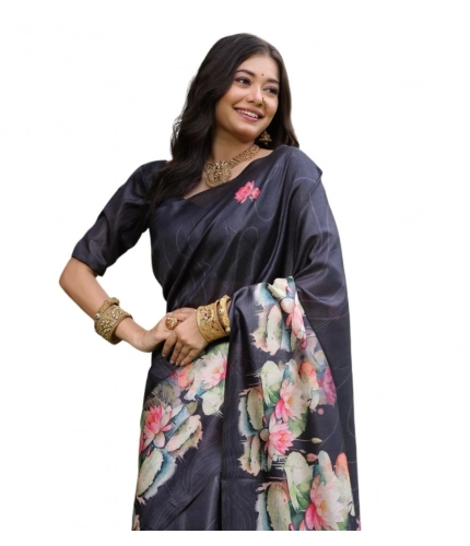 Generic Women's Faux_Tussar Floral Saree With Unstitched Blouse 5.5Mtr (Black)