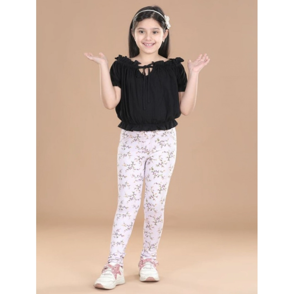 Girl's Cotton Lycra Floral Elasticated Jeggings (Multicolor)