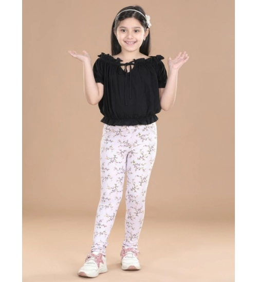 Generic Girl's Cotton Lycra Floral Elasticated Jeggings (Multicolor)
