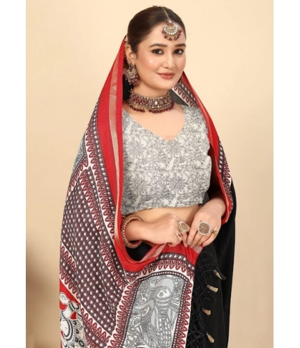 Generic Women's Cotton Silk Printed Saree With Unstitched Blouse 5.5Mtr (Black)