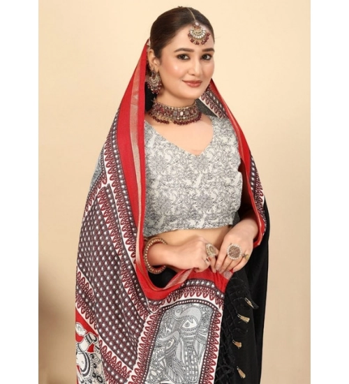 Generic Women's Cotton Silk Printed Saree With Unstitched Blouse 5.5Mtr (Black)