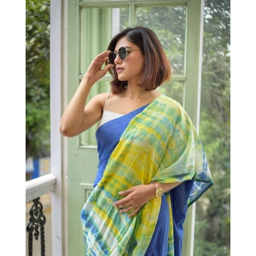Women's Linen Printed Saree With Unstitched Blouse 5.5Mtr (Blue) Women's Linen Printed Saree With Unstitched Blouse 5.5Mtr (Blue)
