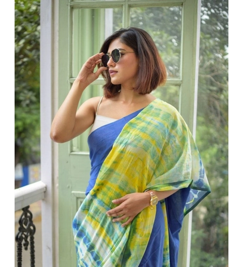 Generic Women's Linen Printed Saree With Unstitched Blouse 5.5Mtr (Blue)