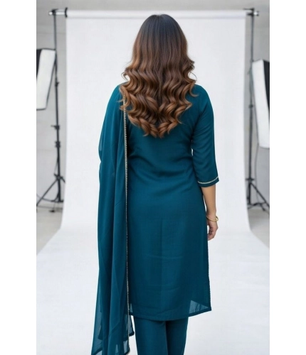 Generic Women's Georgette Ethnic Motif Round 3/4th Sleeve Kurti With Pant Dupatta Set (Teal)