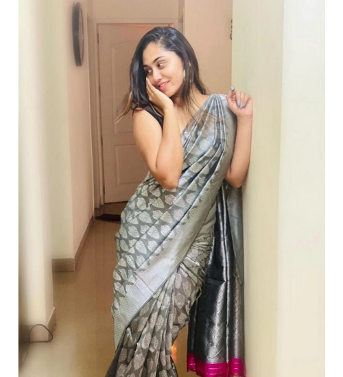 Generic Women's Soft Litchi Silk Jacquard Work Saree With Unstitched Blouse 5.5Mtr (Gray)