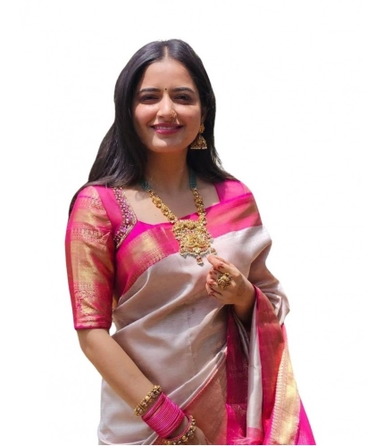 Generic Women's Soft Lichi Silk Printed Saree With Unstitched Blouse 5.5Mtr (Grey)