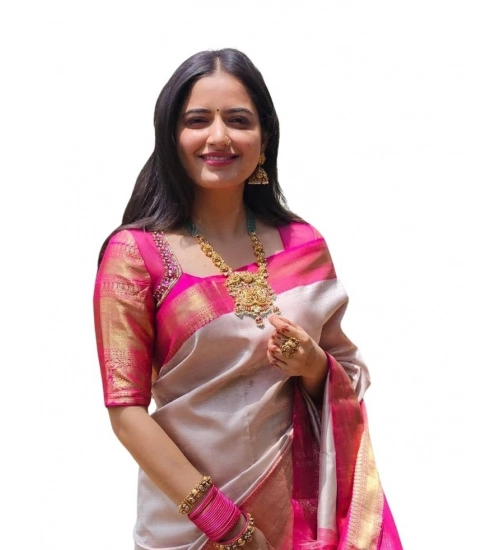 Generic Women's Soft Lichi Silk Printed Saree With Unstitched Blouse 5.5Mtr (Grey)