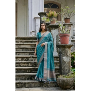 Generic Women's Silk_Blend Butti Pattern Saree With Unstitched Blouse 5.5Mtr (Teal)