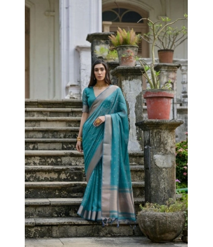 Generic Women's Silk_Blend Butti Pattern Saree With Unstitched Blouse 5.5Mtr (Teal)