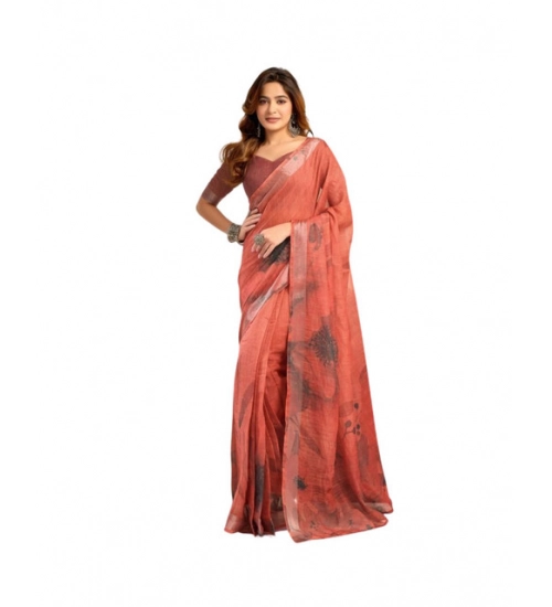 Generic Women's Faux_Linen Printed Ready-to-Wear Saree With Unstitched Blouse 5.5 Mtr (Rust)