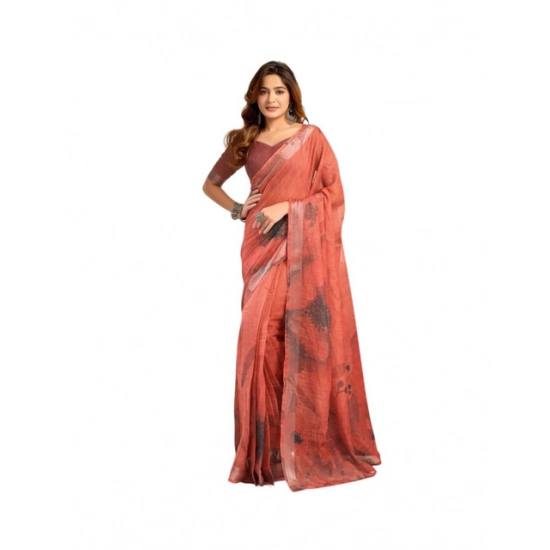 Generic Women's Faux_Linen Printed Ready-to-Wear Saree With Unstitched Blouse 5.5 Mtr (Rust)