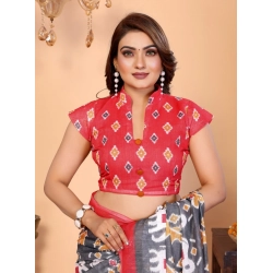 Generic Women's Linen Cotton Printed Saree With Unstitched Blouse 5.5Mtr (Grey)