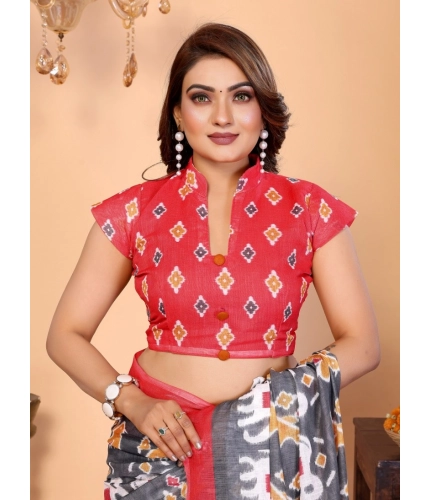 Generic Women's Linen Cotton Printed Saree With Unstitched Blouse 5.5Mtr (Grey)