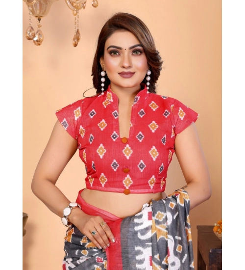 Generic Women's Linen Cotton Printed Saree With Unstitched Blouse 5.5Mtr (Grey)