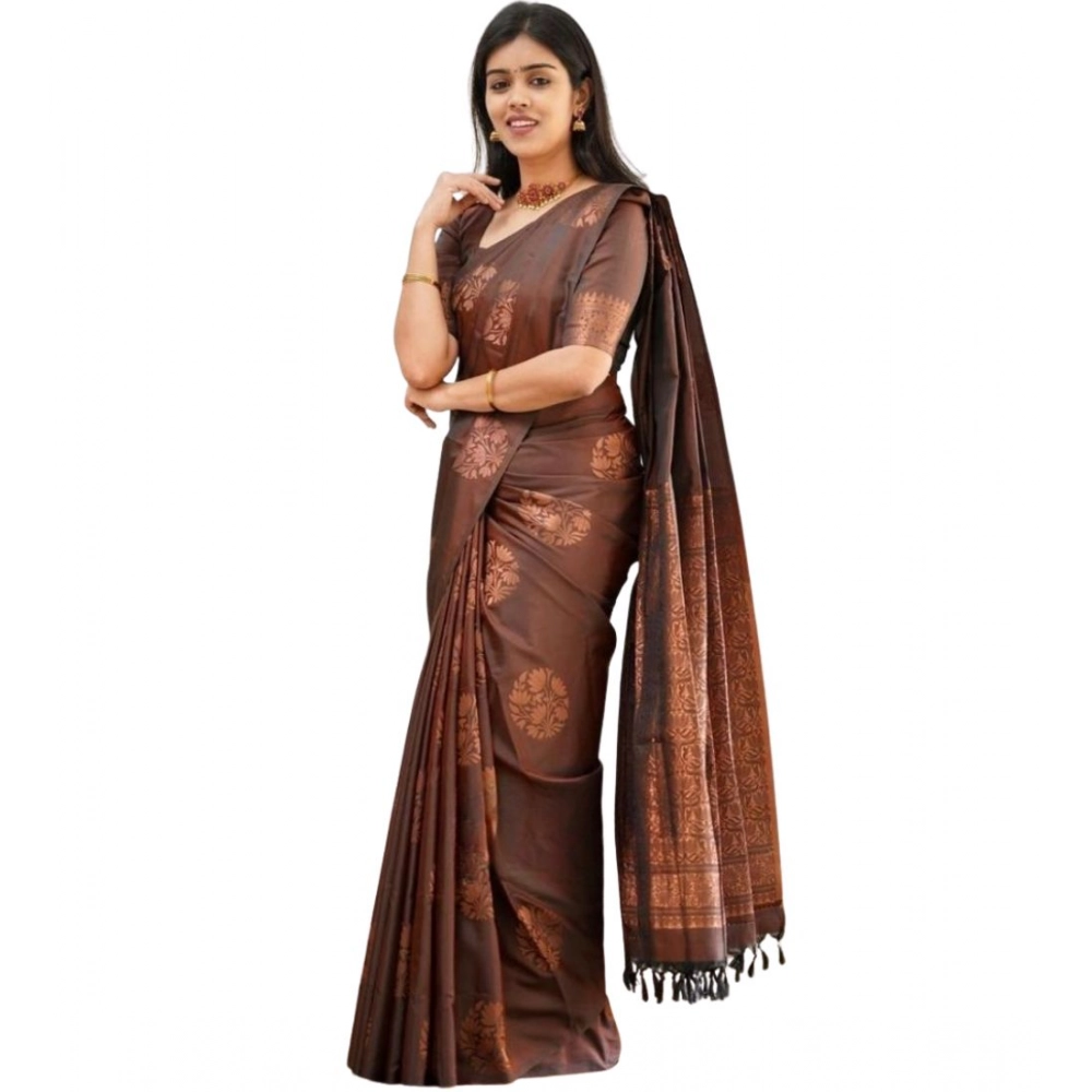 Generic Women's Soft Litchi Silk Jacquard Work Saree With Unstitched Blouse 5.5Mtr (Brown)