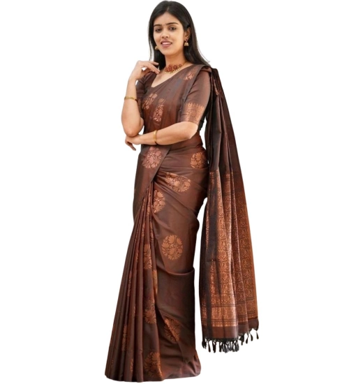 Generic Women's Soft Litchi Silk Jacquard Work Saree With Unstitched Blouse 5.5Mtr (Brown)