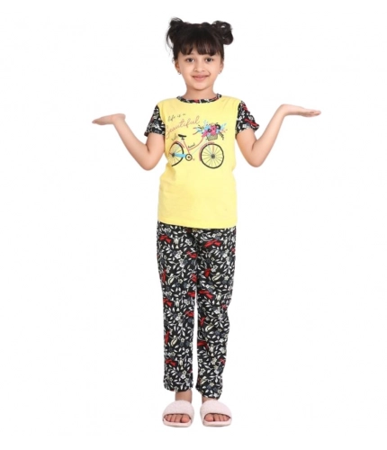Generic Girl's Cotton Hosiery Printed Night Suit Set (Yellow-Black)