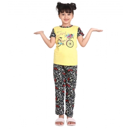 Generic Girl's Cotton Hosiery Printed Night Suit Set (Yellow-Black) Generic Girl's Cotton Hosiery Printed Night Suit Set (Yellow-Black)