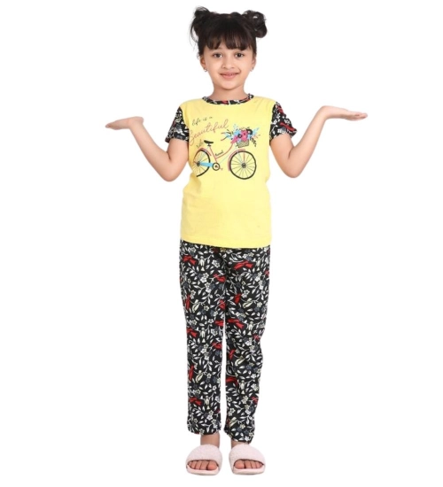 Generic Girl's Cotton Hosiery Printed Night Suit Set (Yellow-Black) Generic Girl's Cotton Hosiery Printed Night Suit Set (Yellow-Black)
